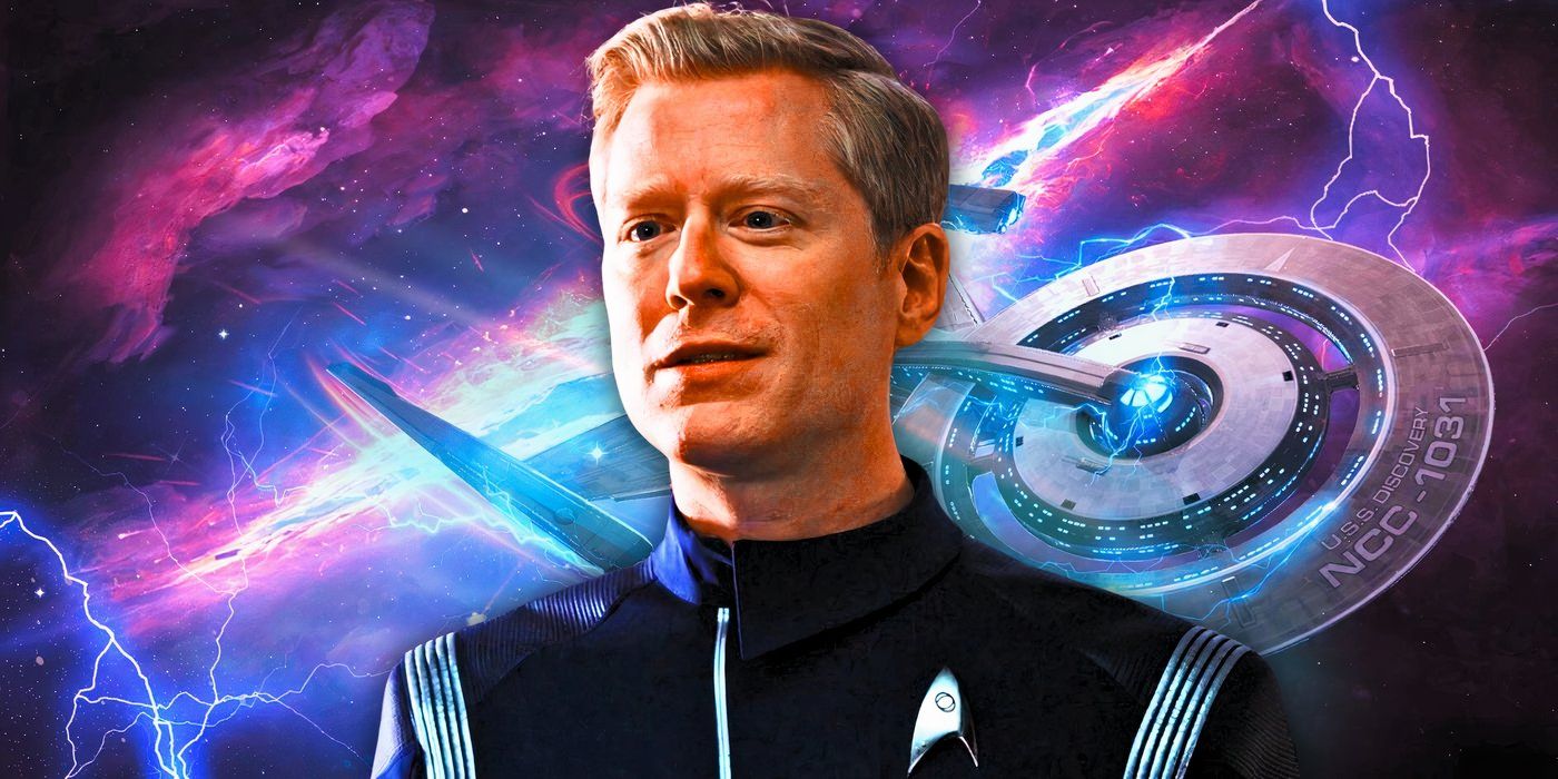 Anthony Rapp as Commander Paul Stamets in front of the USS Discovery.