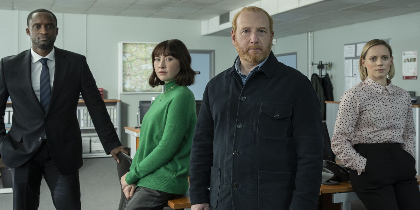 Connor Pollock (Peter Bankolé), Layla (Vanessa Emme), Max (Adrian Scarborough), and Jess (Lucy Phelps) in the station in The Chelsea Detective.