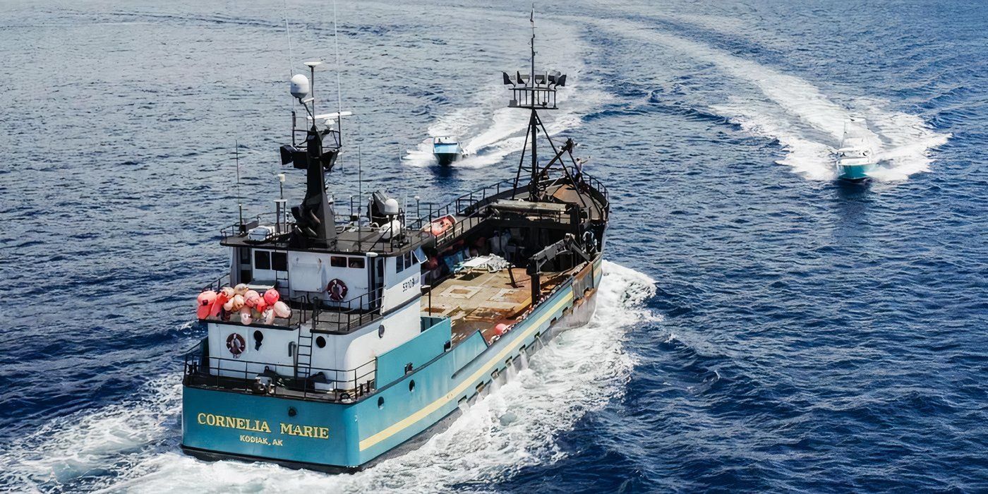 Cornelia Marie in the ocean with two boats coming at her in Deadliest Catch.