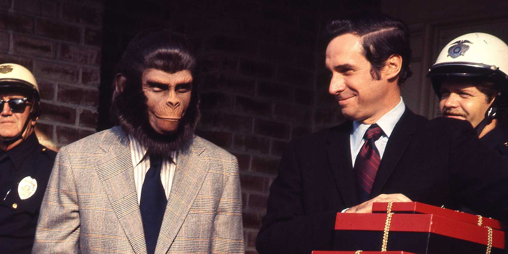 Cornelius on Earth wearing a suit in Escape From the Planet of the Apes