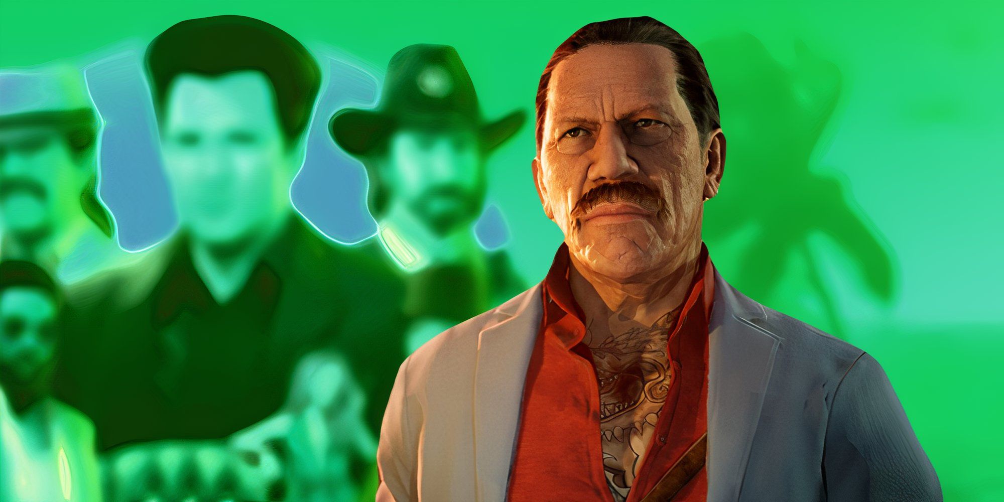 Danny Trejo's Character looking mean In Crime Boss Rockay City on a blurry green background of the game artwork.