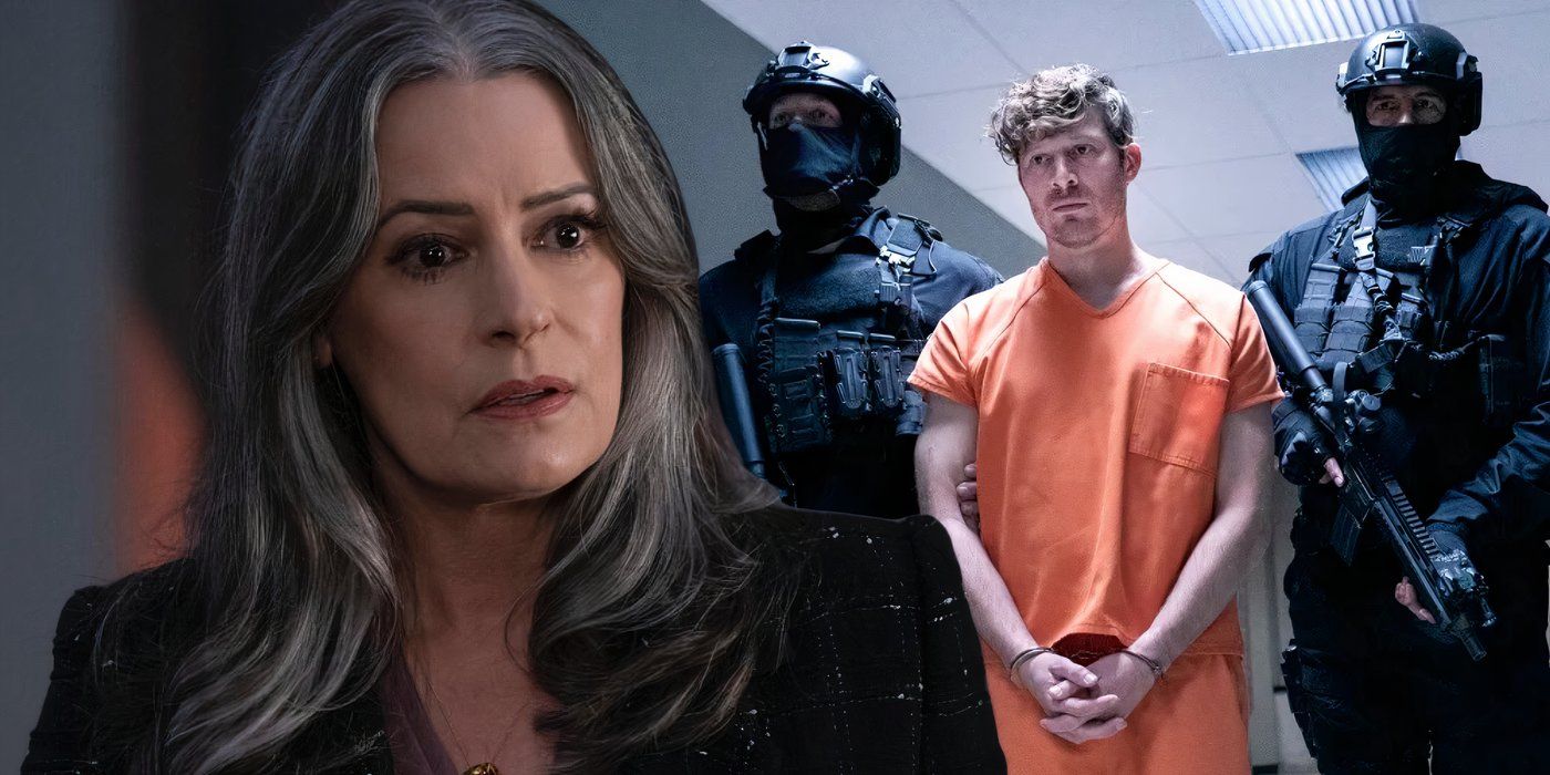 A composite image of Prentiss looking distraught with Voit being escorted by armed officers in Criminal Minds: Evolution