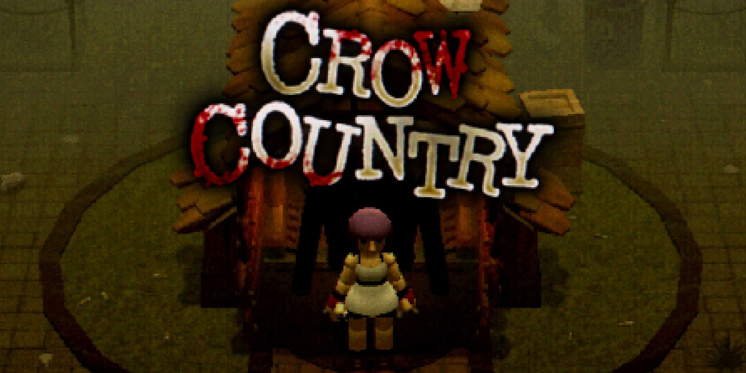 Crow Country logo superimposed over an image of game protagonist Mara in front of a shack.