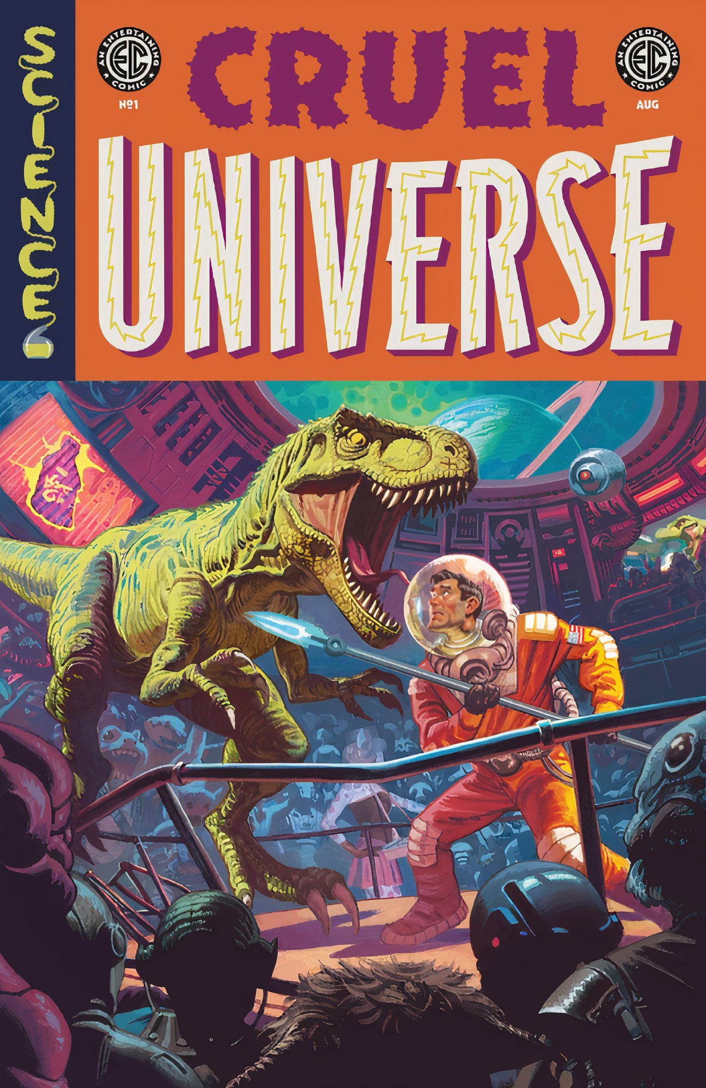 Cruel Universe 1 cover featuring an astronaut fighting a dinosaur