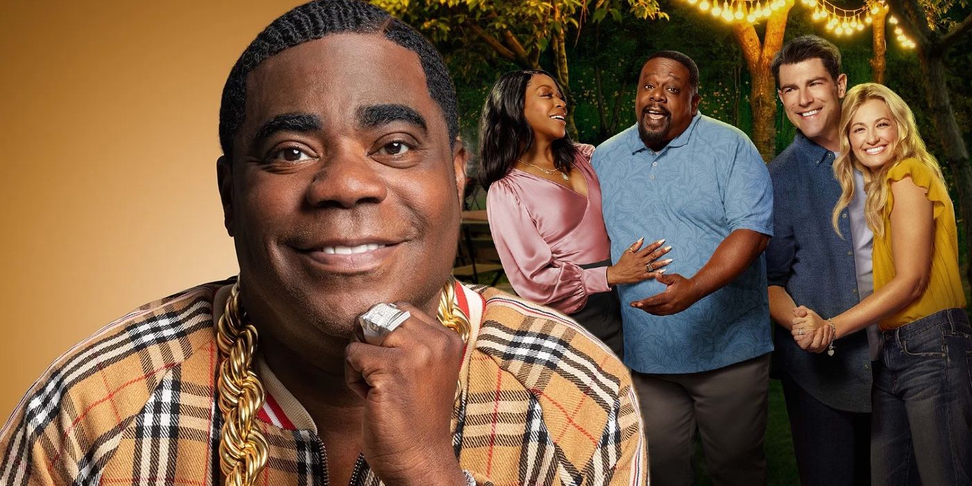 A composite image of Tracy Morgan posing with a smile and the cast of CBS' The Neighborhood