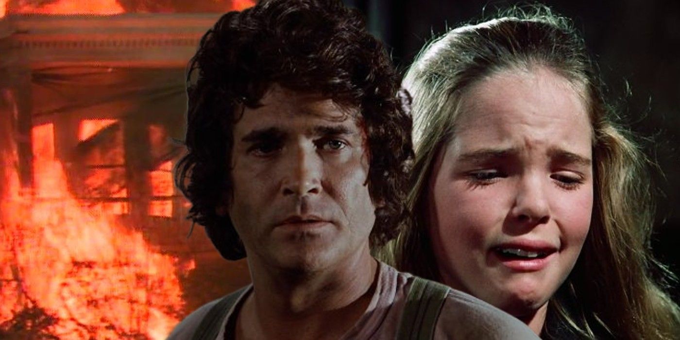 Custom image characters looking sad on Little House on the Prairie with a burning house in the background
