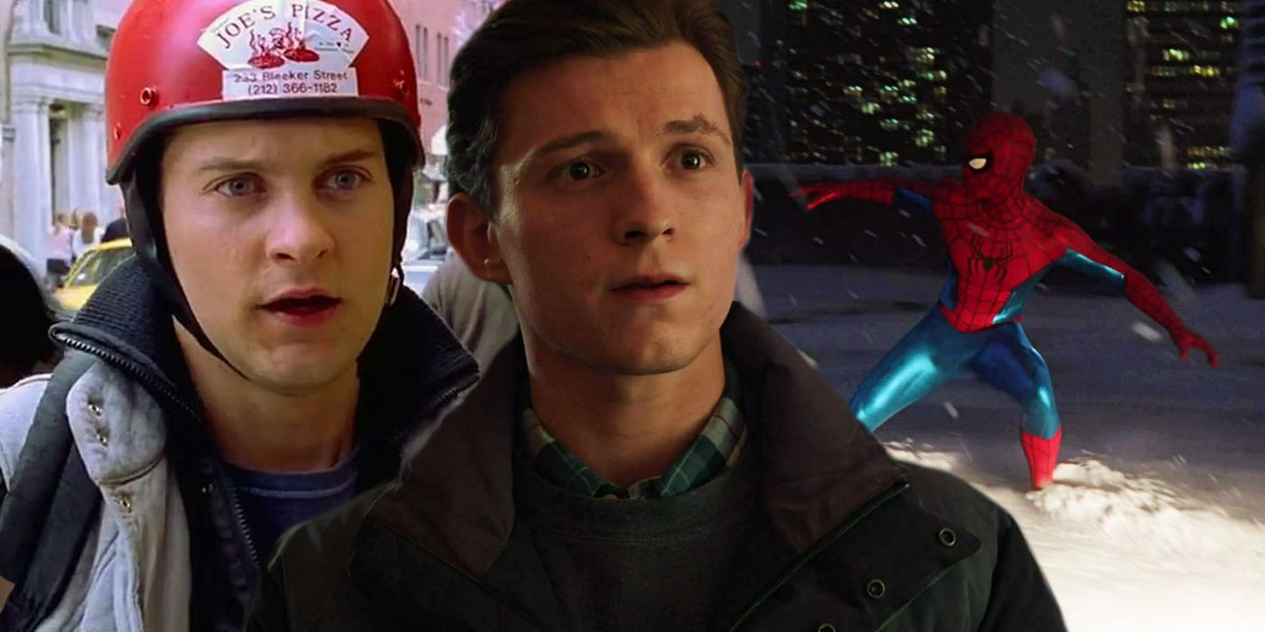 Custom image of Tom Hollands Peter Parker at the end of No Way Home and Tobey Maguires Peter Parker as a pizza delivery boy