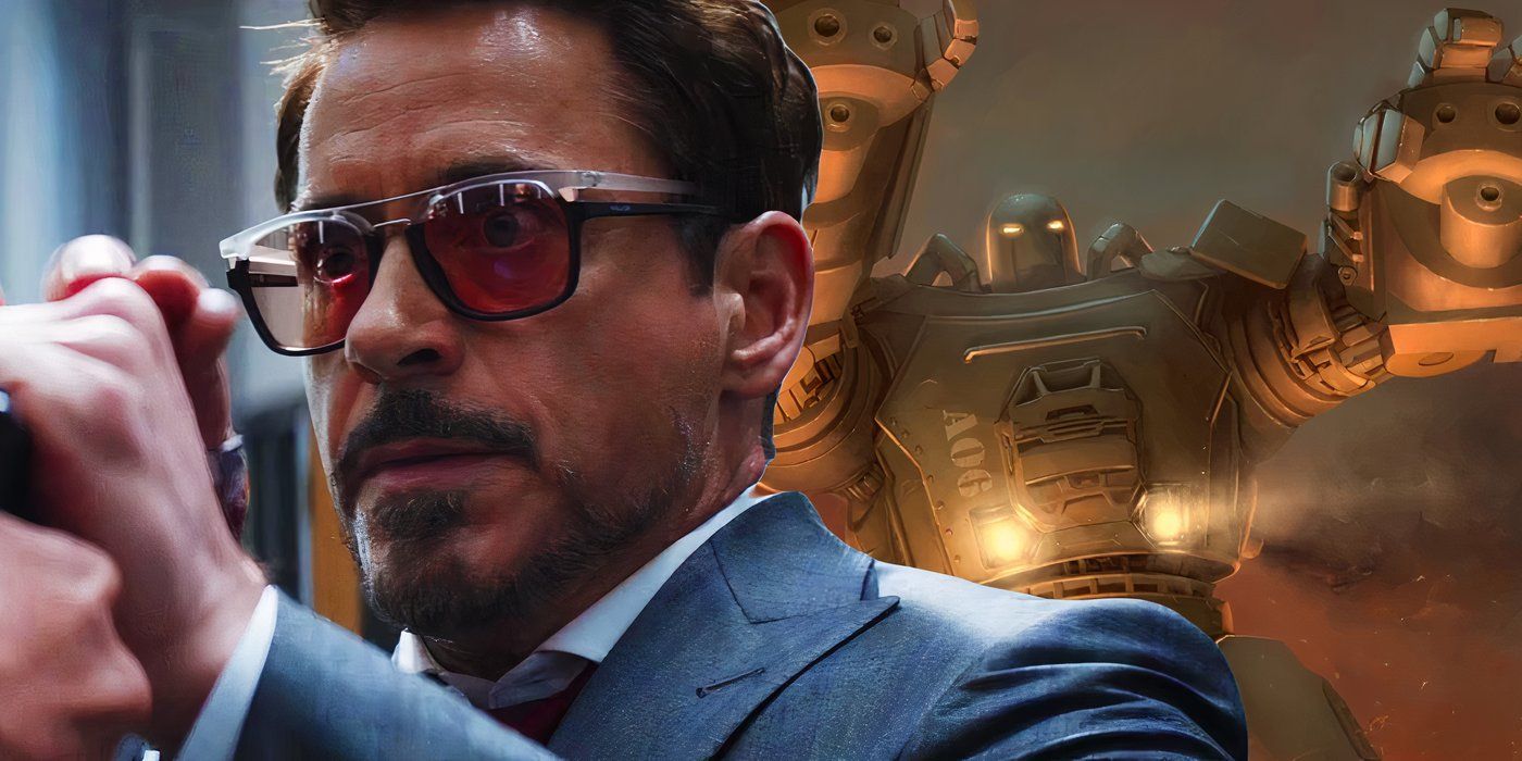 Custom image of Tony Stark looking startled in frront of an image of Howard Stark Sr's armor from Marvel Comics