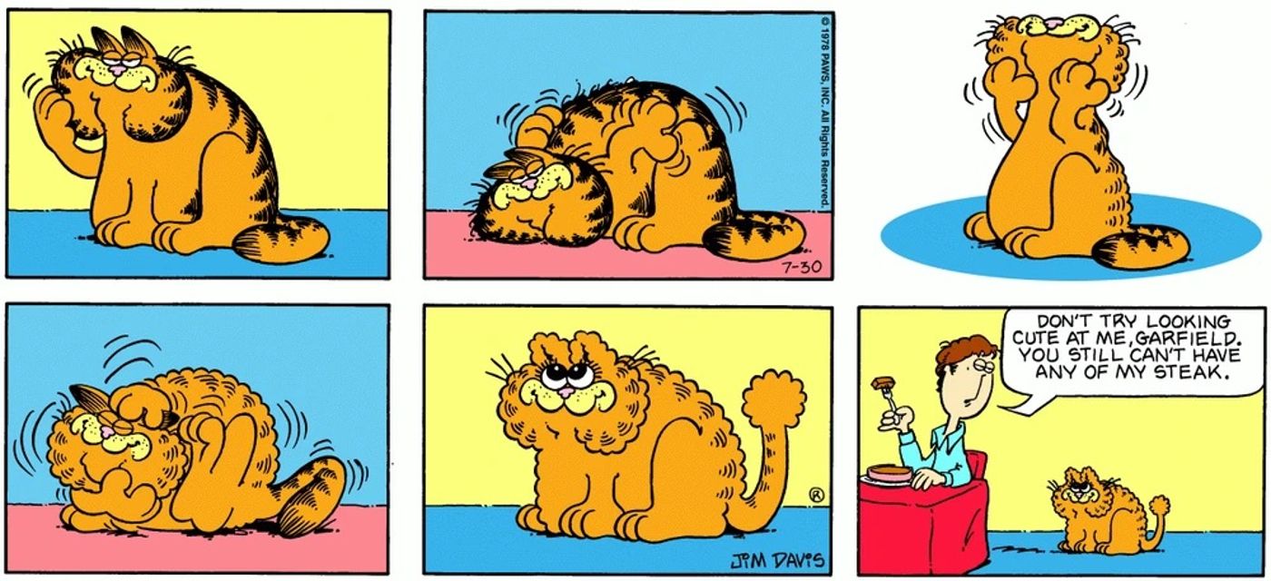 Garfield tenta parecer fofo para pegar um pouco do bife de Jon