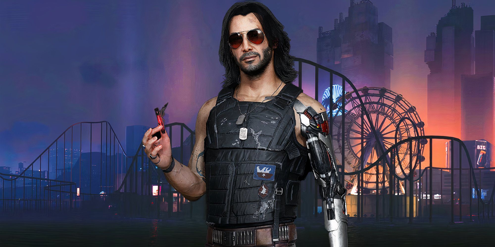 Johnny Silverhand with the boardwalk from Cyberpunk 2077 in the background