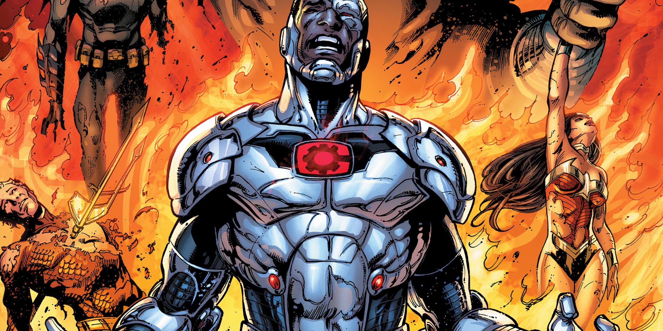 Cyborg con la Liga de la Justicia quemando DC