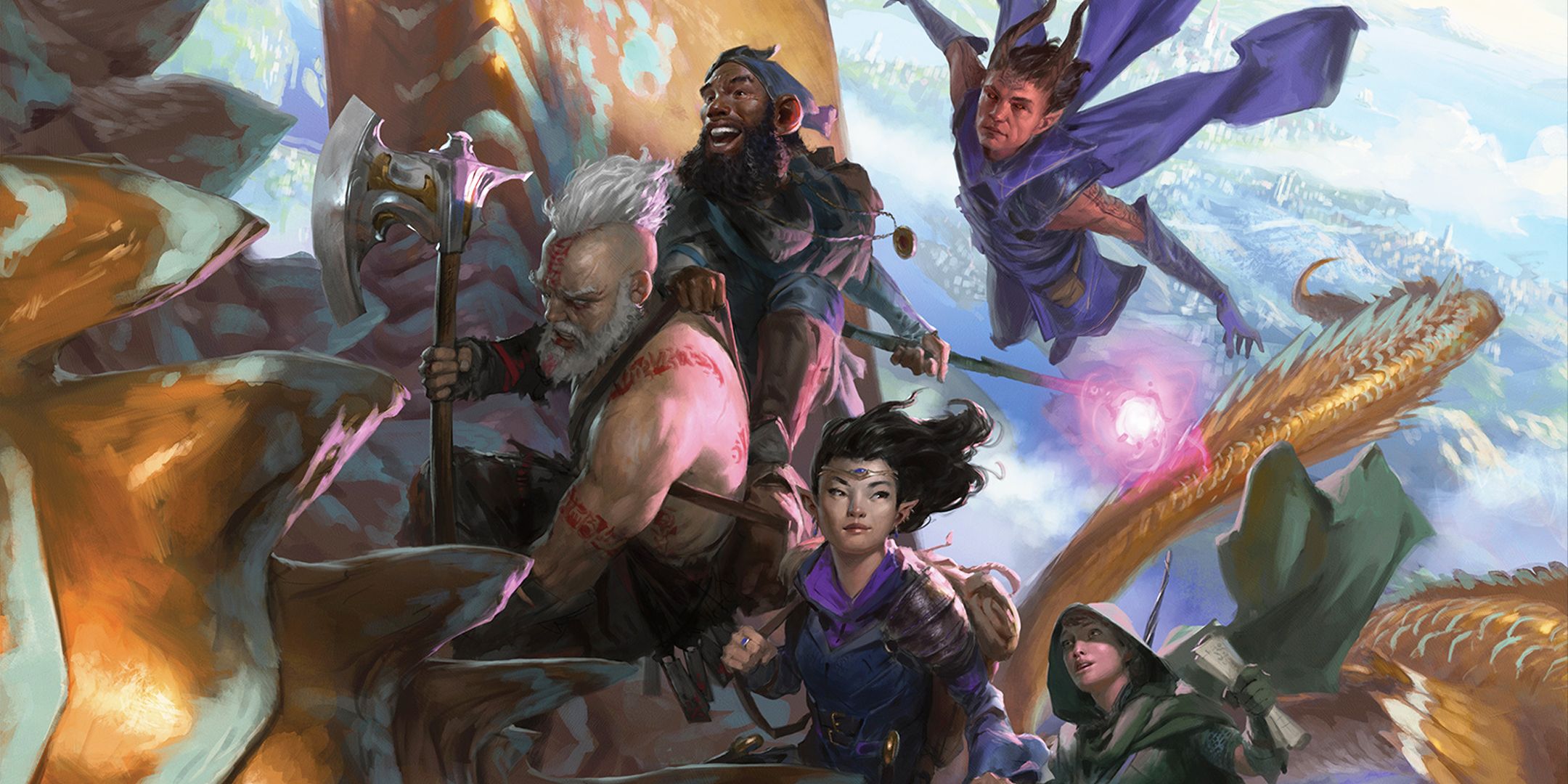D&D Player's Handbook 2024 Art showing a party of adventurers on the back of a dragon.