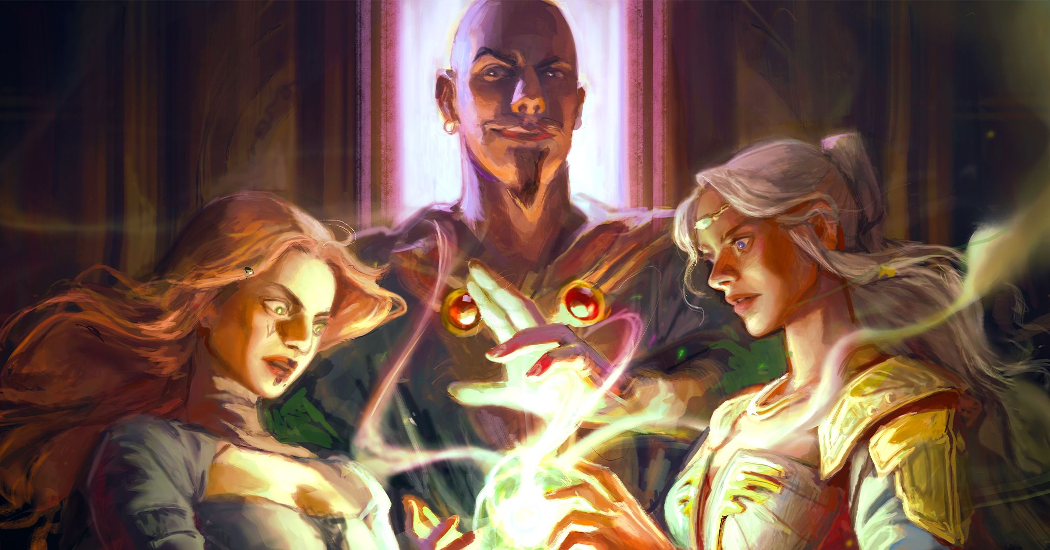 Powerful spellcasters Tasha, Mordenkainen, and Alustriel Silverhand in D&D art.