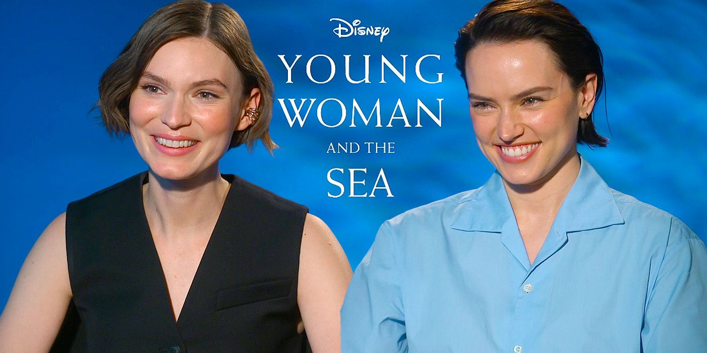 Edited image of Daisy Ridley & Tilda during Young Woman and the Sea interview