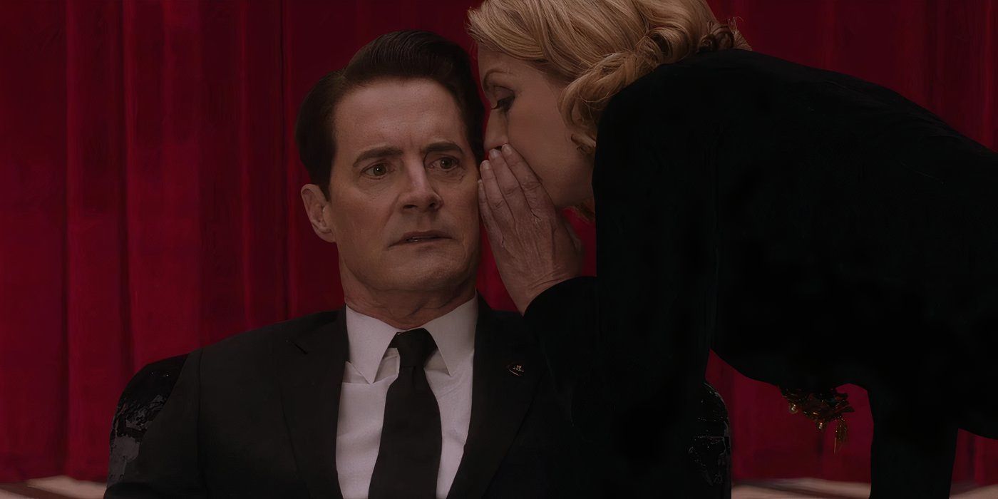 Dale Cooper (Kyle MacLachlan) looking unsettled in the Lodge while Laura Palmer (Sheryl Lee) whispers to him in Twin Peaks: The Return