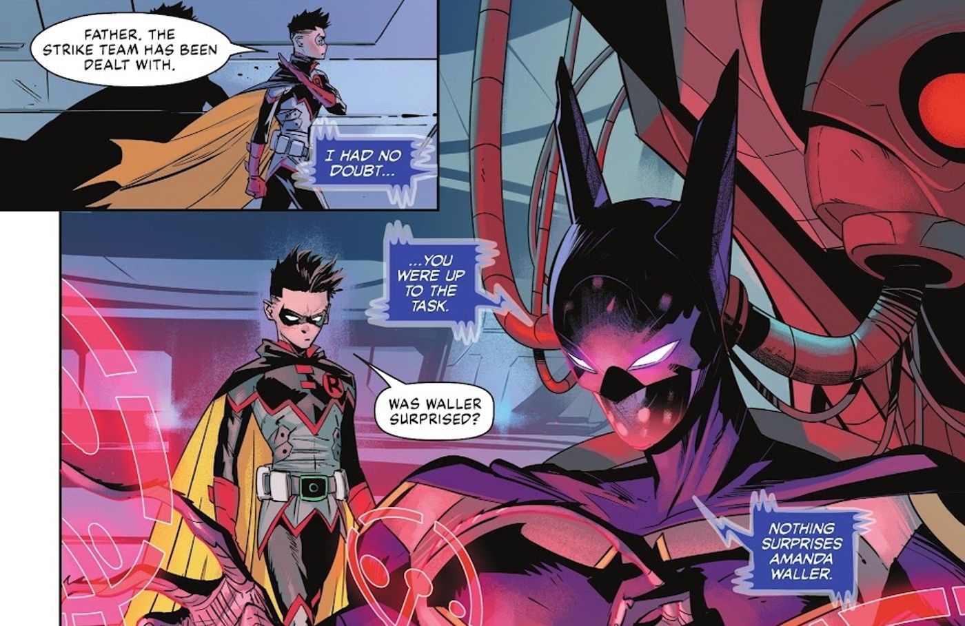 Comic book panels: Robin Damian Wayne approaches Zur-En-Arrh.