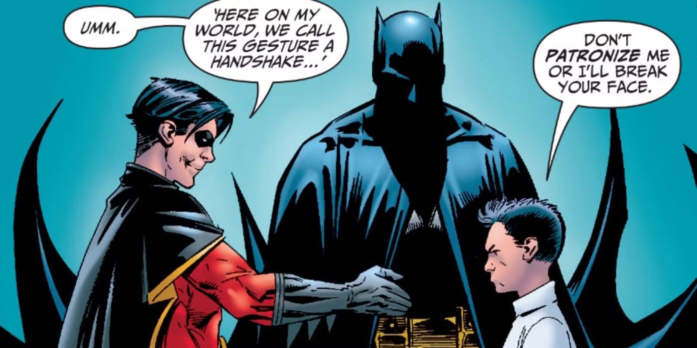 Tim Drake tries to shake Damian Wayne's hand with Batman standing in the middle of them