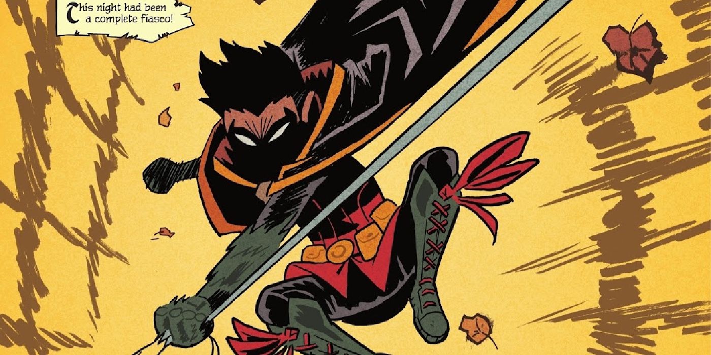 Damian Wayne's Robin center framed swinging on grapple line towards the reader in an action pose