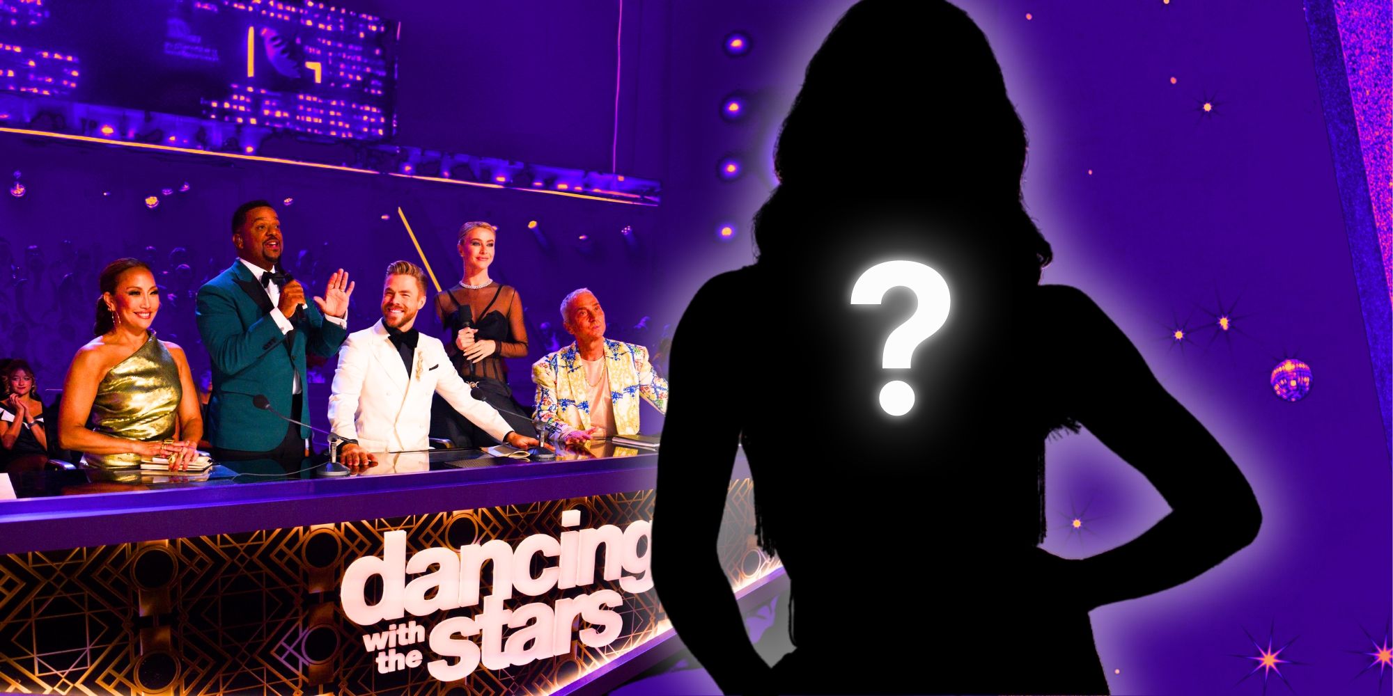 Dancing with the Stars judges Derek Hough, Carrie Ann Inaba, Bruno Tonioli, Alfonso Ribeiro and Julianne Hough stand and sit behind the judges' table. A silhouette of a woman is next to them.
