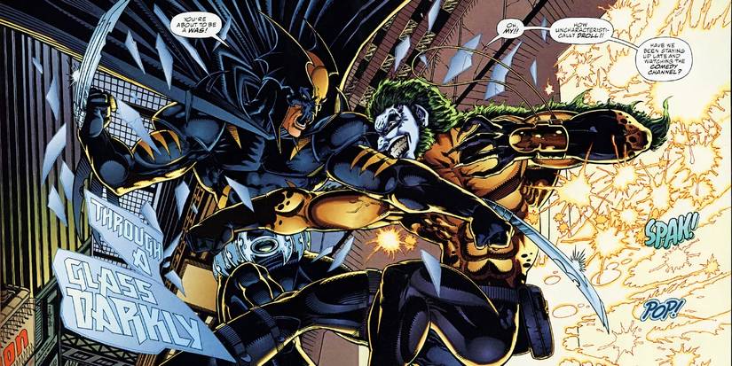 Dark Claw slashes at Hyena as they fight and smash through a window high above the city