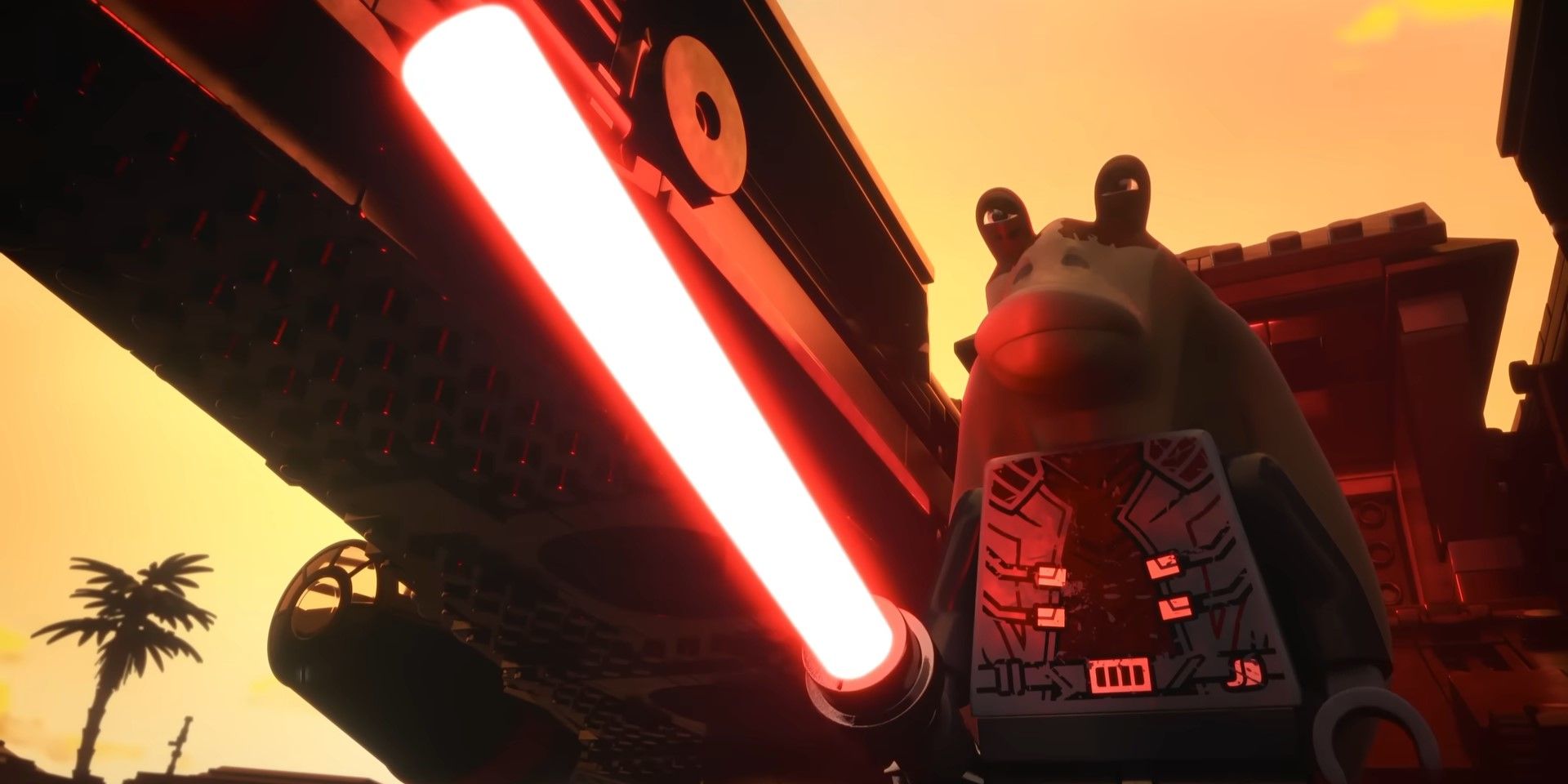 Jar Jar Binks holding a red lightsaber as Darth Jar Jar in LEGO Star Wars: Rebuild the Galaxy