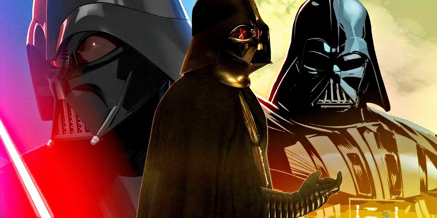 3 versions of Darth Vader next to each other: cartoon, live-action, comics.