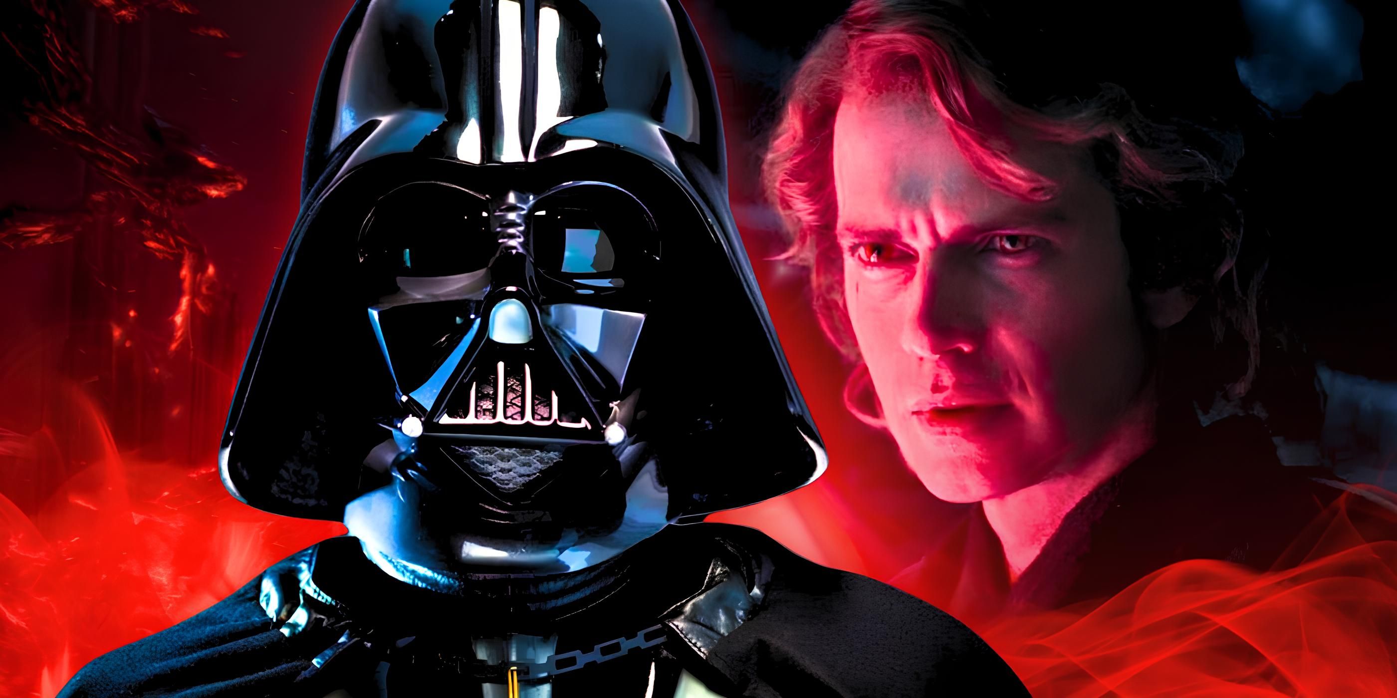 Darth Vader in his helmet to the left and Anakin Skywalker from the Ahsoka show to the right in a combined image with a red background
