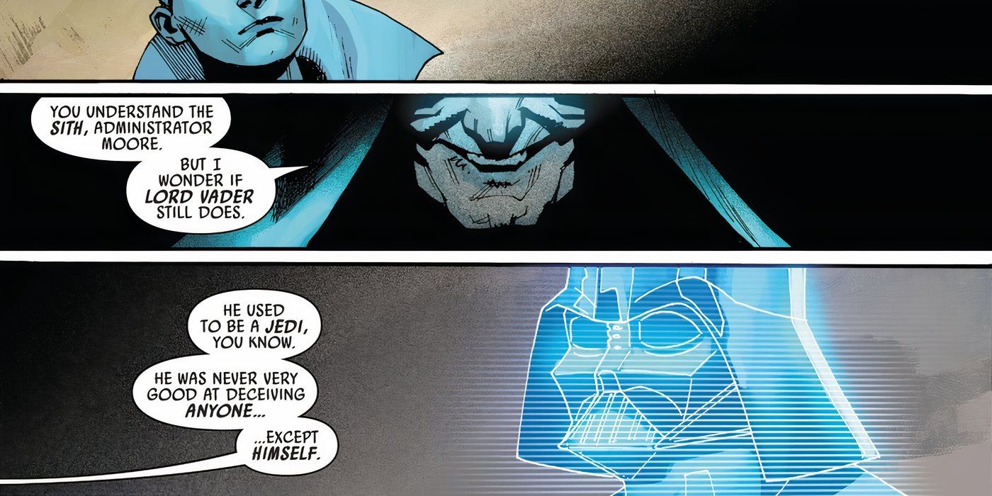 Imperador Palpatine revelando que Darth Vader não pode enganar ninguém além de si mesmo.