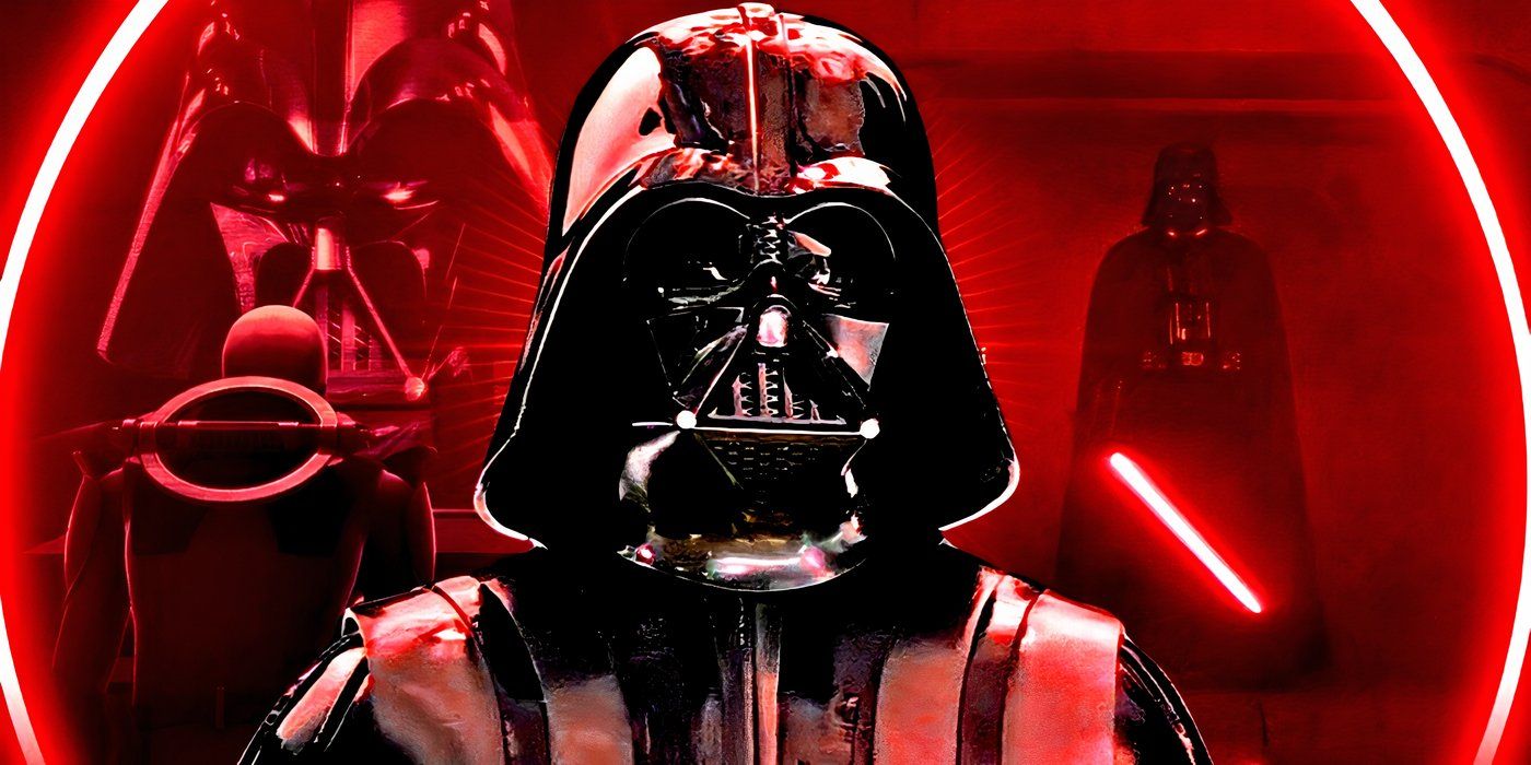 Darth Vader drenched in red with versions of himself behind him.