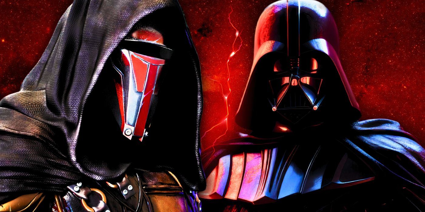 Darth Revan and Darth Vader, edited over a red lightning background