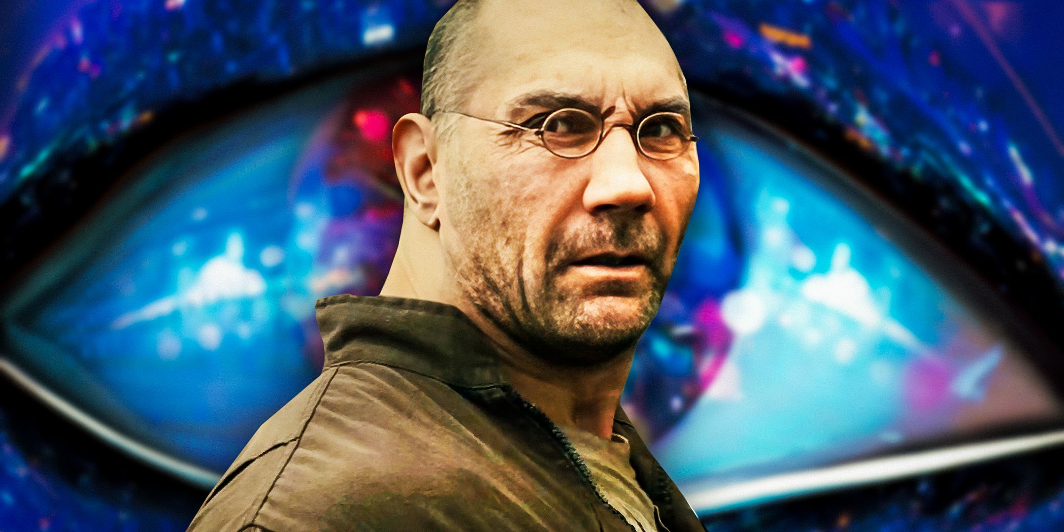 Dave Bautista as Sapper Morton from Blade Runner 2049 in front of a blue eyeball
