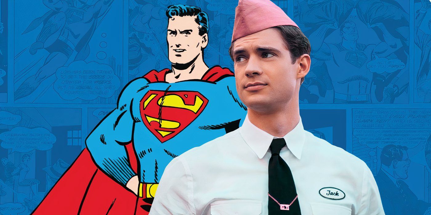 David Corenswet olhando de lado em uma cena de Hollywood e Superman em pé com os braços na cintura nos quadrinhos