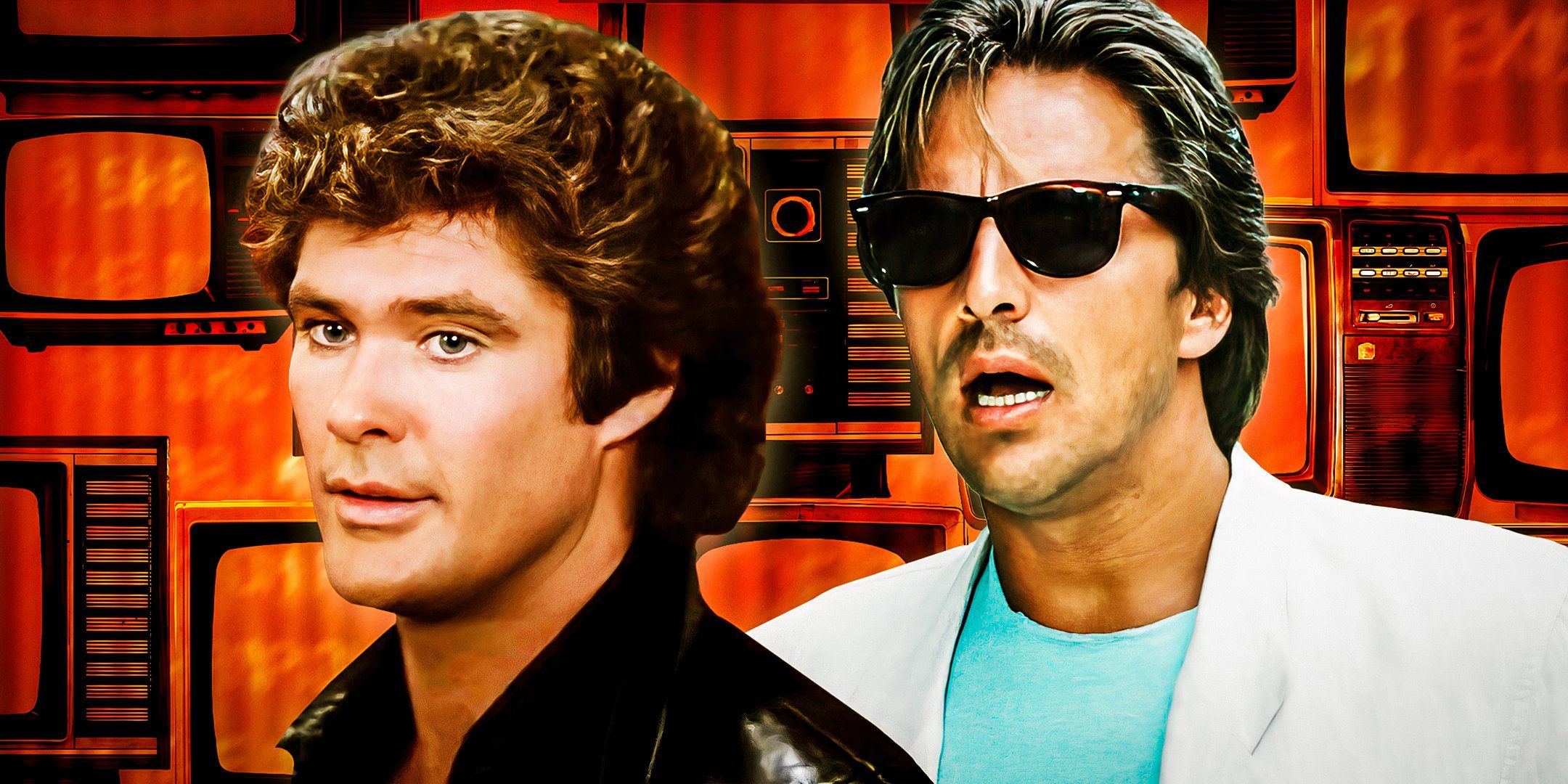David Hasselhoff as Michael Knight from Knight Rider and Don Johnson as Detective James Crockett from Miami Vice