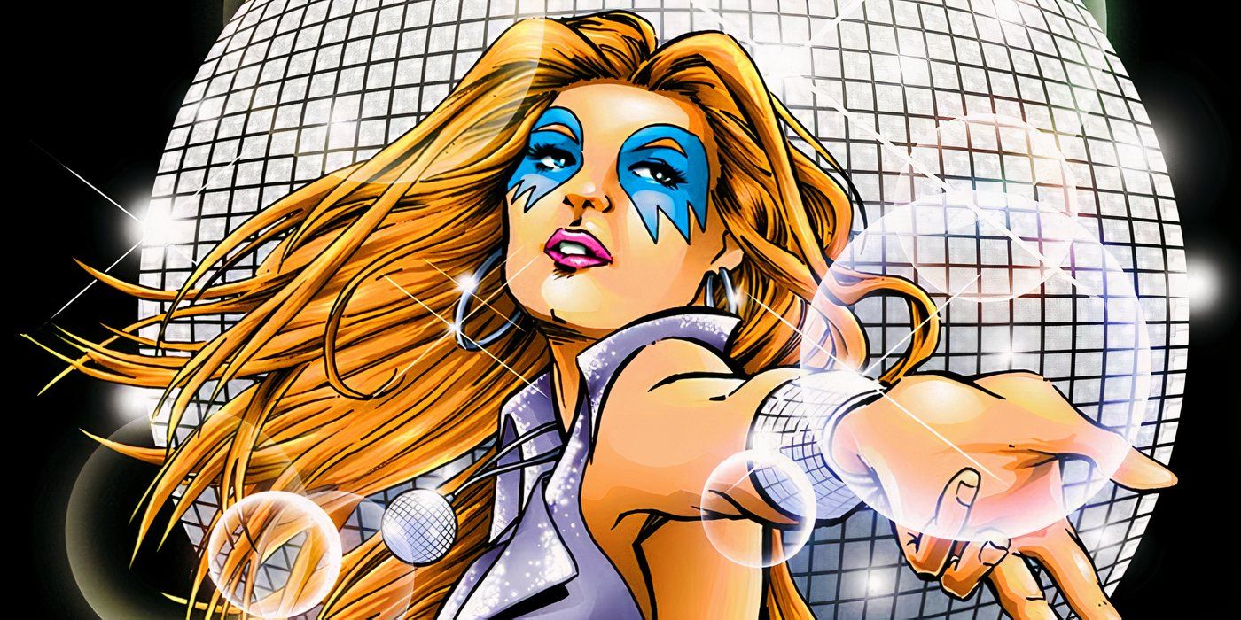 Dazzler dançando e fazendo bolhas de luz aparecerem, tendo como pano de fundo uma bola de discoteca.