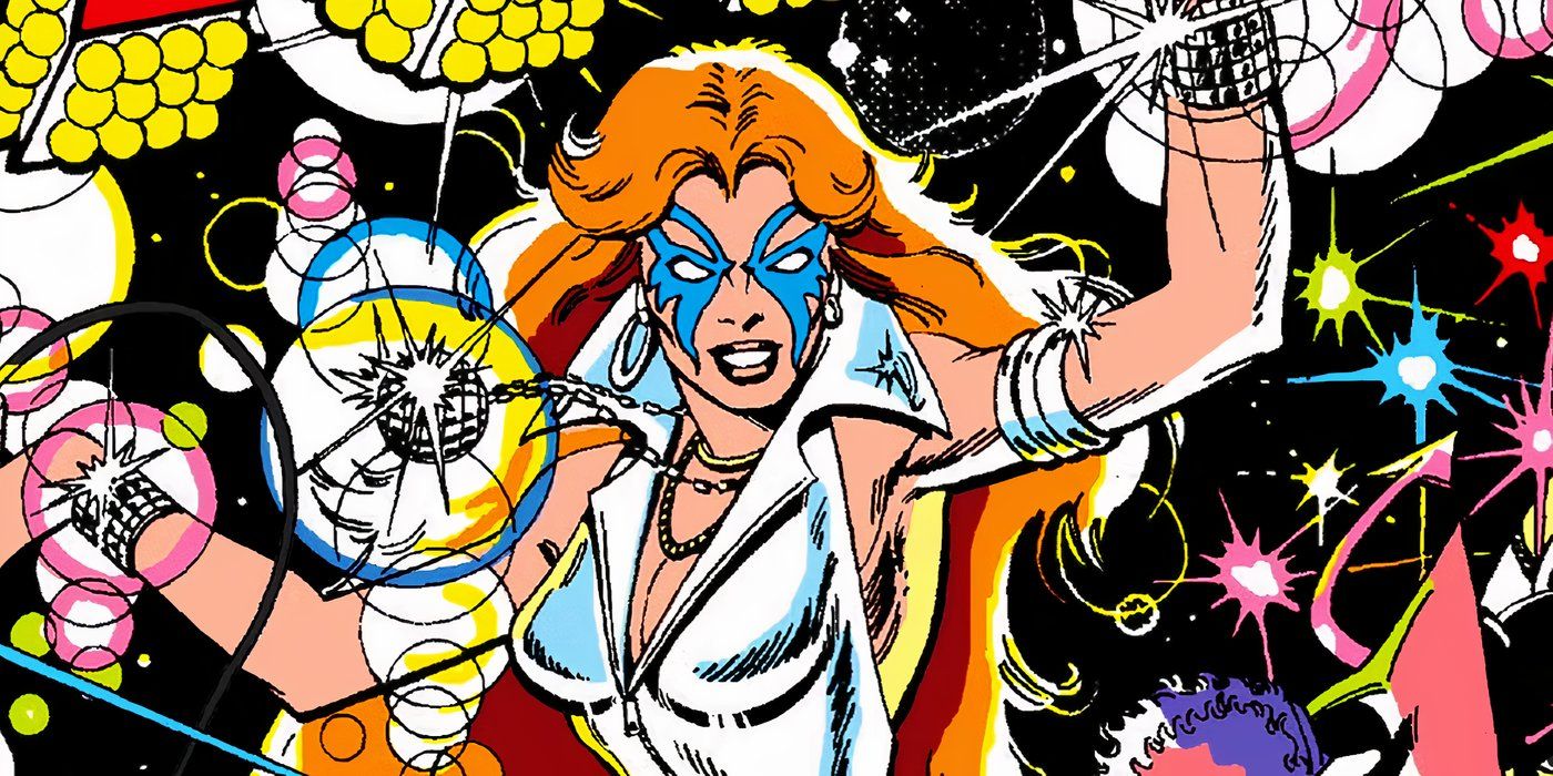 Dazzler surrounded by fireworks in Marvel Comics