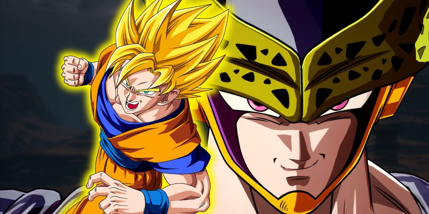 Goku as a Super Saiyan winding up a punch alongside a smiling Cell