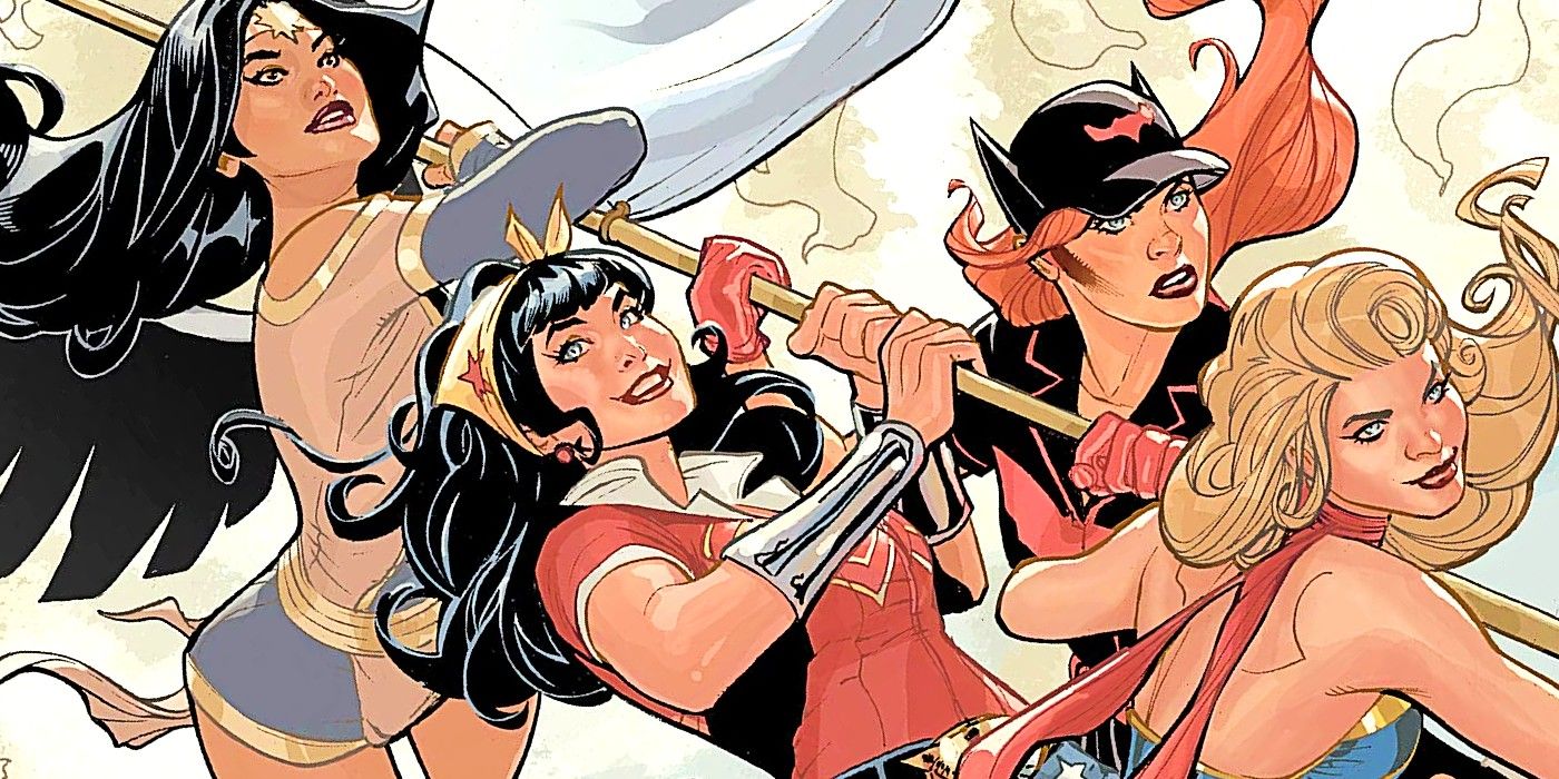 Comic book art: DC Bombshells holding a pole. Includes Wonder Woman, Batwoman, and Supergirl.