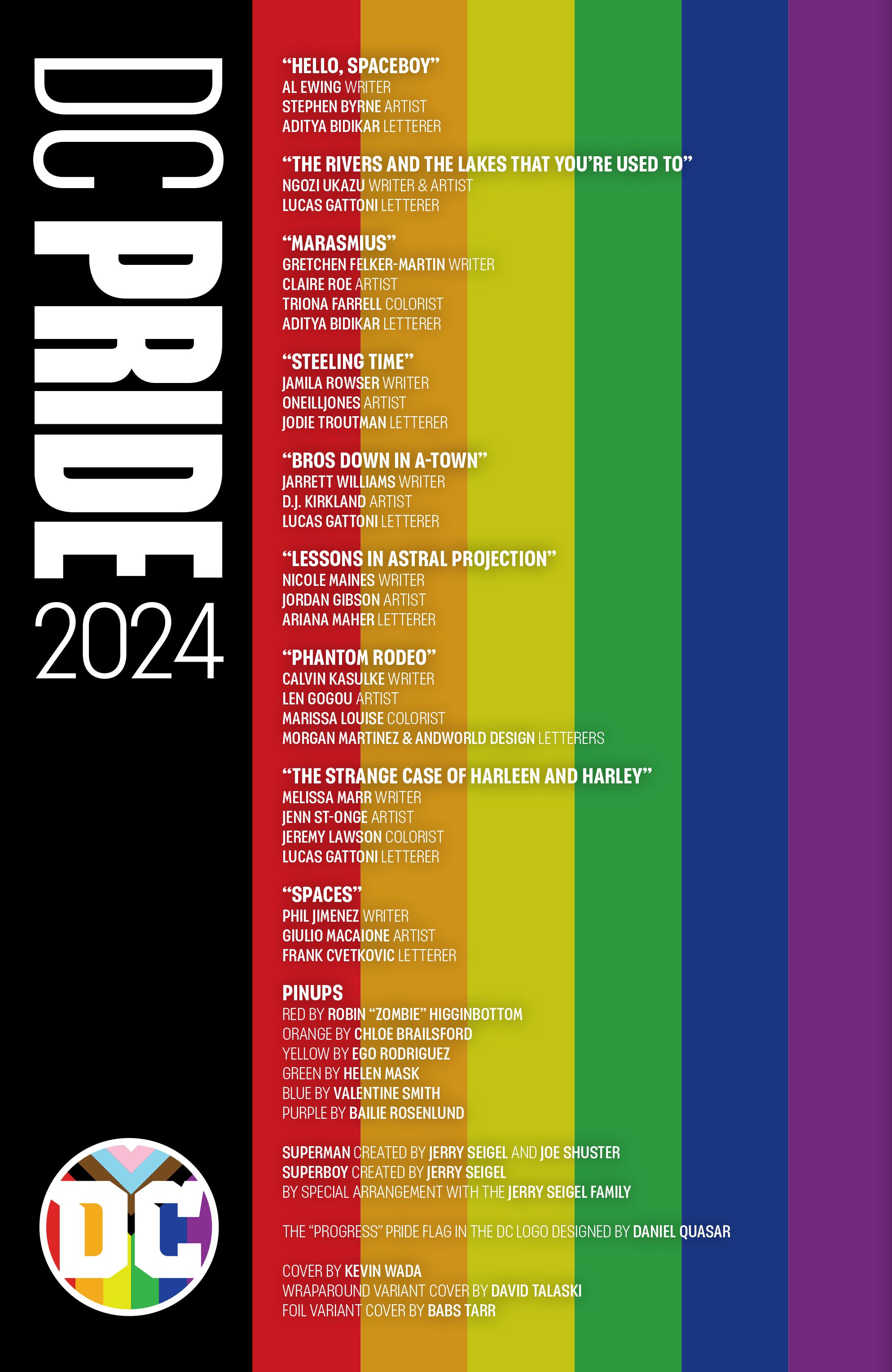 DC Pride 2024 1 Preview Page 2: a Table of Contents with a Pride rainbow and DC logo.