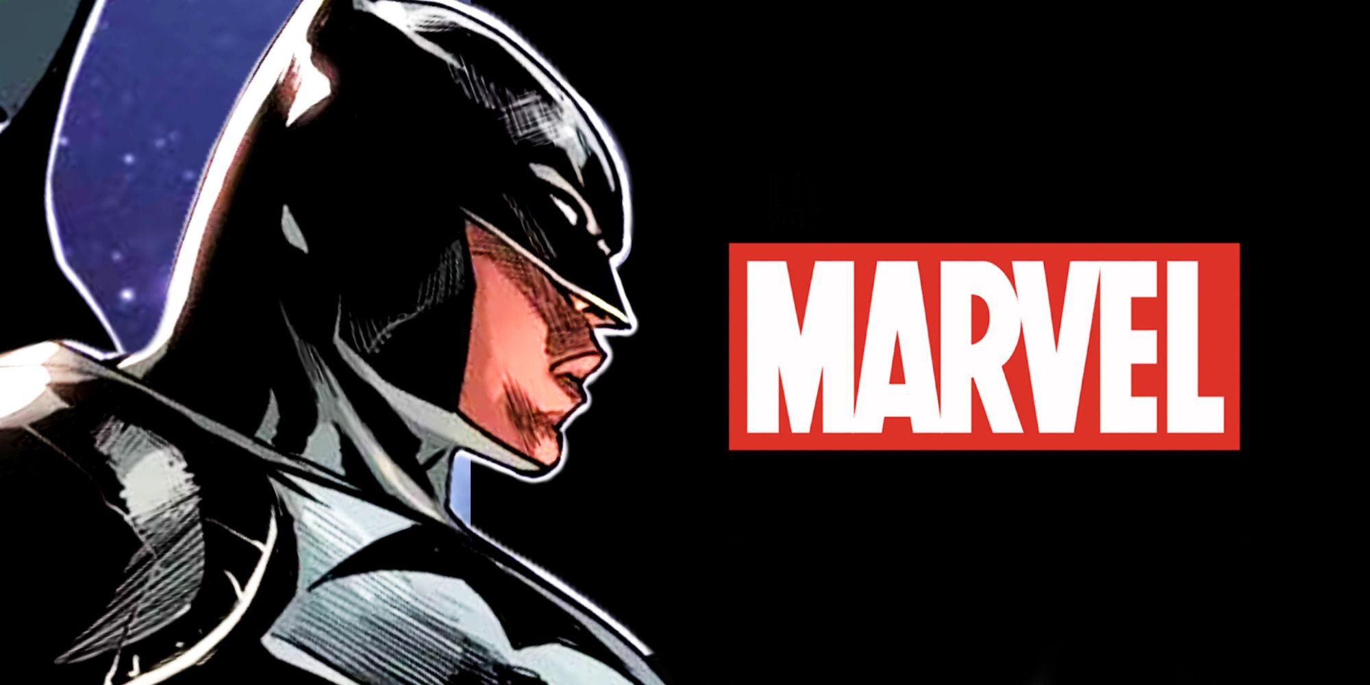 DC's Batman Stands Next to the Marvel Comics Logo