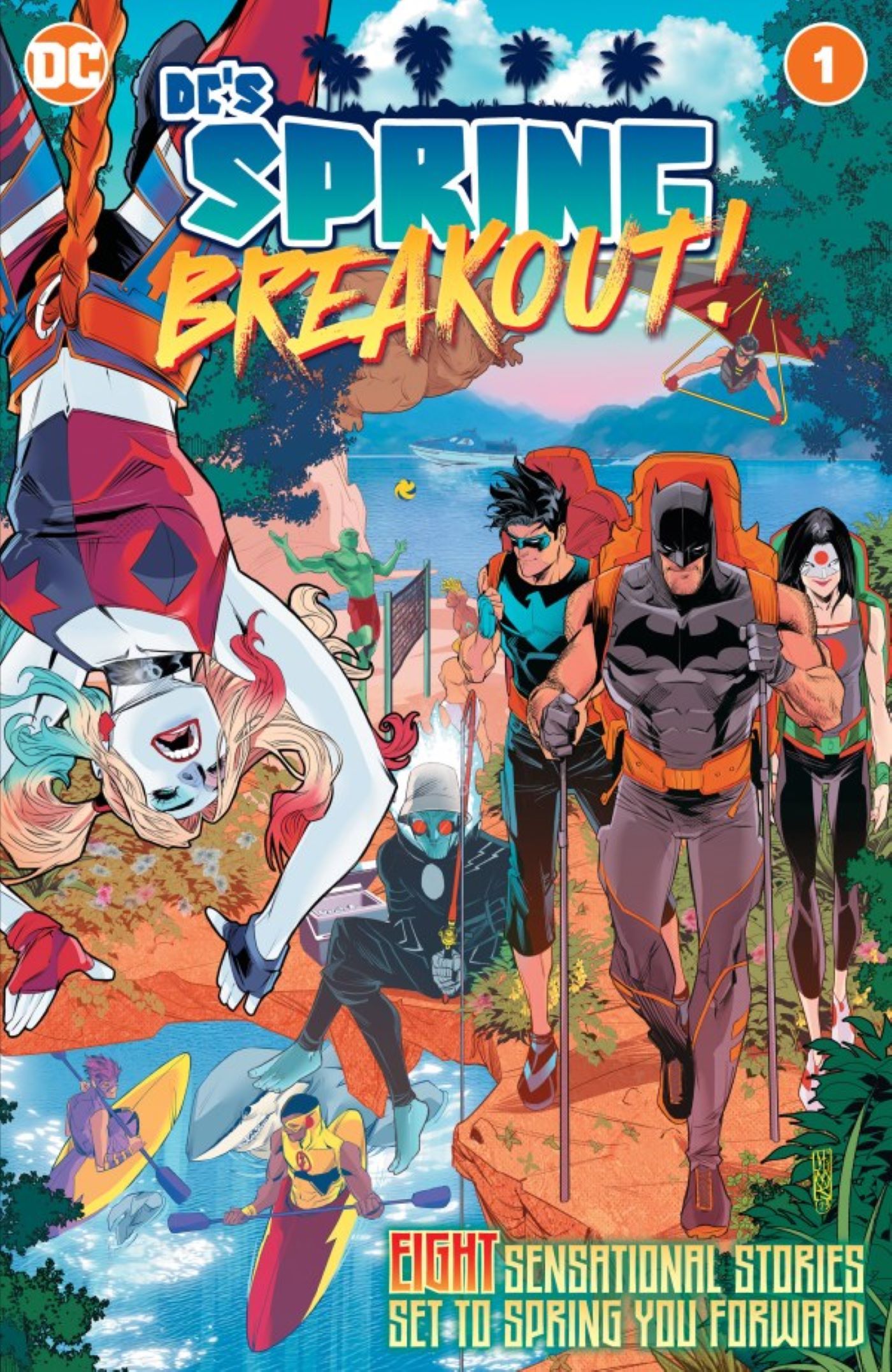 Capa principal de Spring Breakout 1 da DC com Batman Katana Nightwing Harley Quinn Freeze