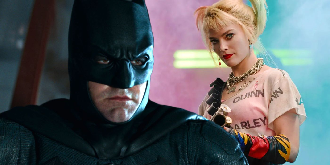Split image of Ben Affleck as Batman in Justice League and Margot Robbie as Harley Quinn in Birds of Prey