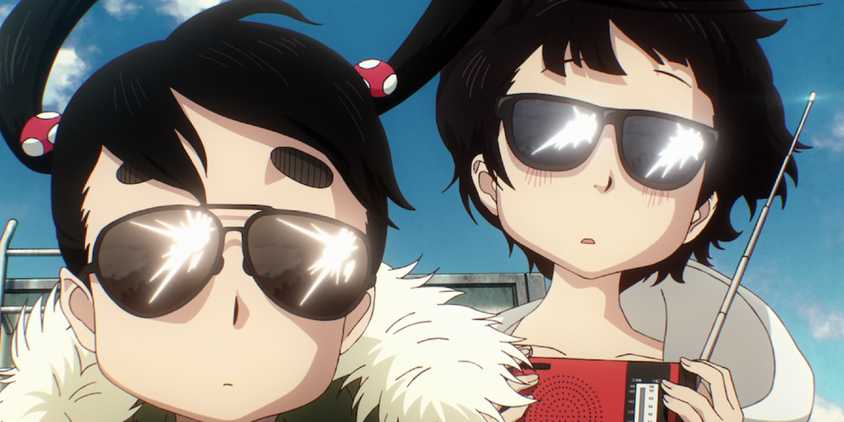 Dead Dead Demon's Dededede Destruction Kadode & Ouran wearing sunglasses and looking at a bright flash of light.
