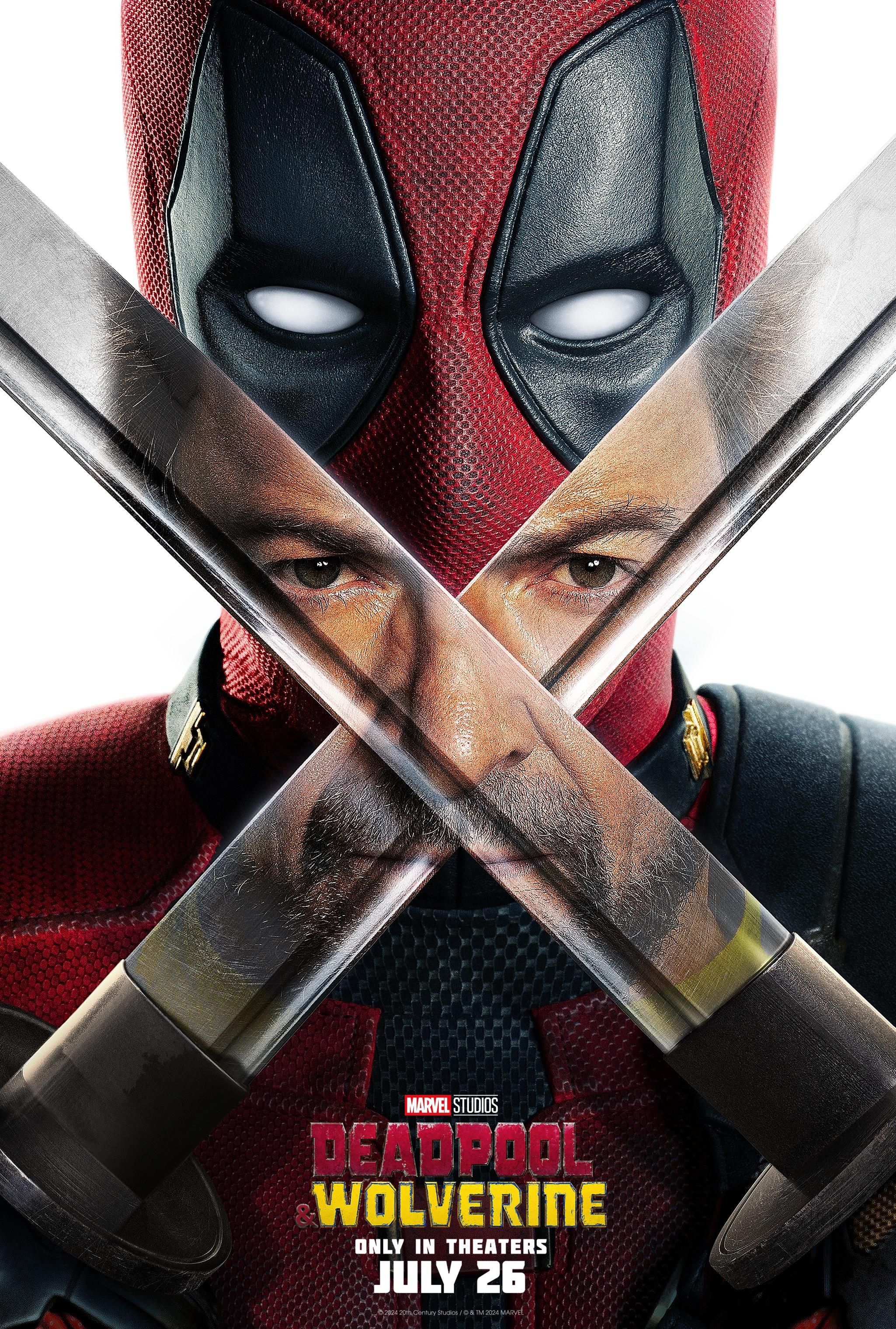 Pôster de Deadpool e Wolverine mostrando as espadas de Wade Wilson mostrando o reflexo de Hugh Jackman
