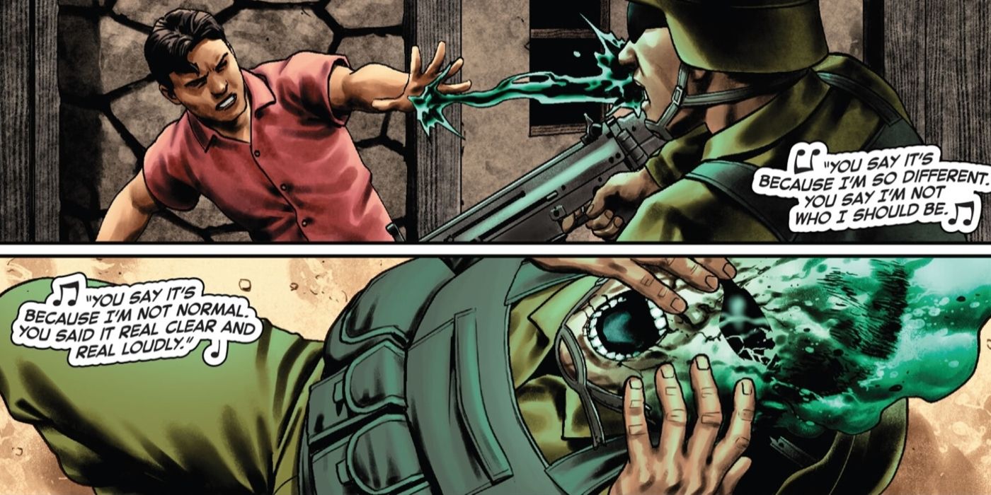 Skinz, a new mutant introduced in Marvel Comics, using his powers to throw acid in an enemy&rsquo;s face.