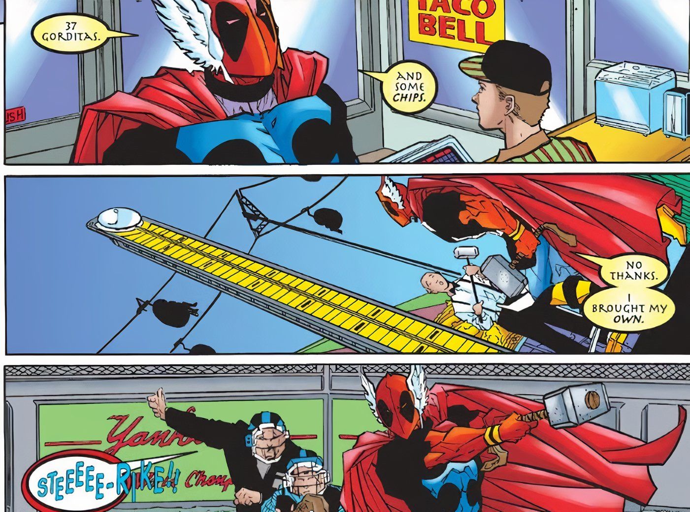 Deadpool lifting Thor's hammer (fake hammer Loki)