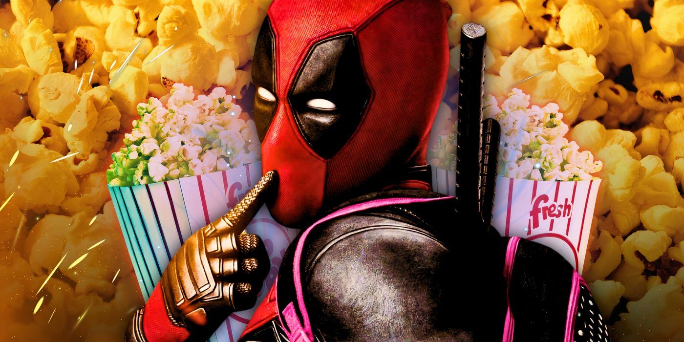 Deadpool poses playfully over a backdrop of popcorn