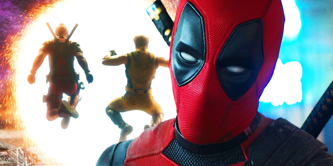 Deadpool with Deadpool and Wolverine jumping through a portal in Deadpool & Wolverine's trailer