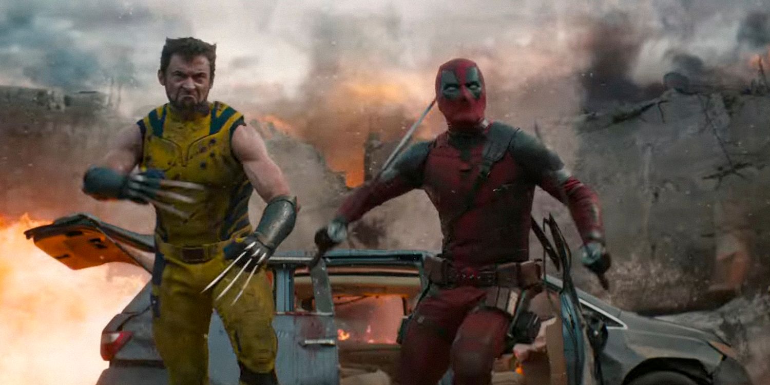 Wolverine (Hugh Jackman) and Deadpool (Ryan Reynolds) jumping off a burning car together in Deadpool & Wolverine