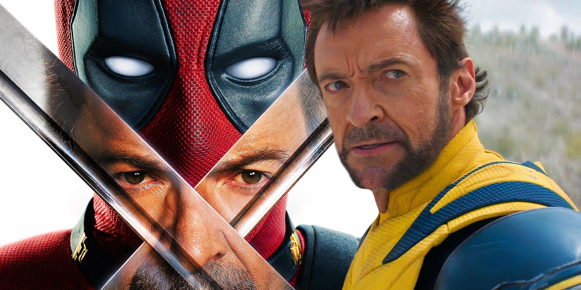The poster for Deadpool & Wolverine (2024) next to Hugh Jackman scowling as Wolverine