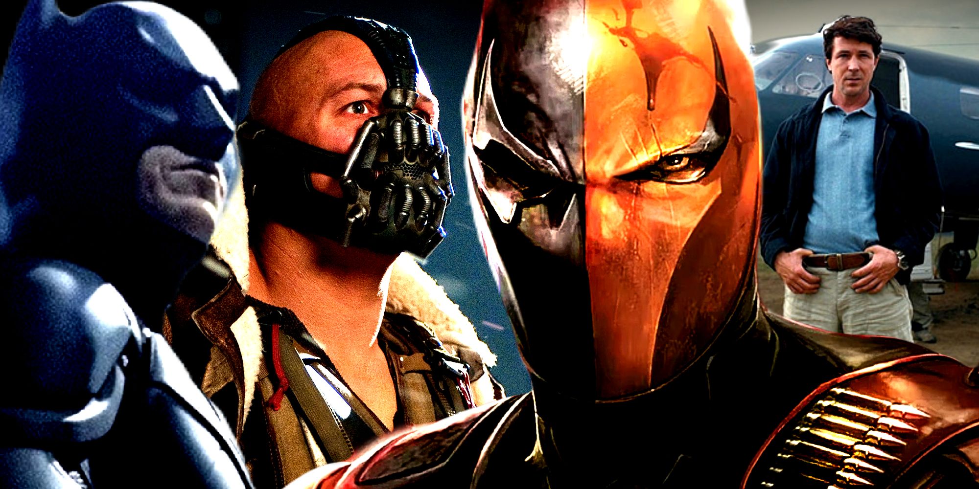 Deathstroke Faces Batman and Bane next to CIA Agent Bill Wilson in The Dark Knight Rises